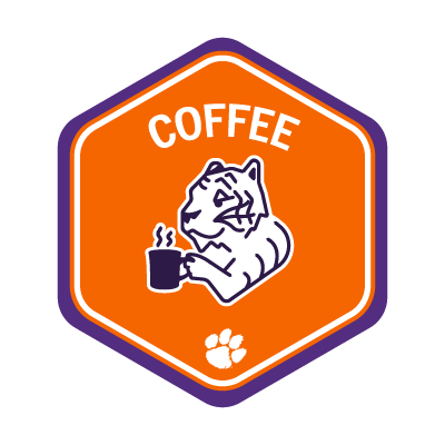 Sample orange COFFEE badge featuring a tiger drinking coffee.