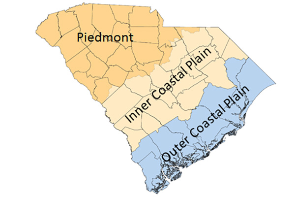 map of coastal plain and Piedmont areas of SC