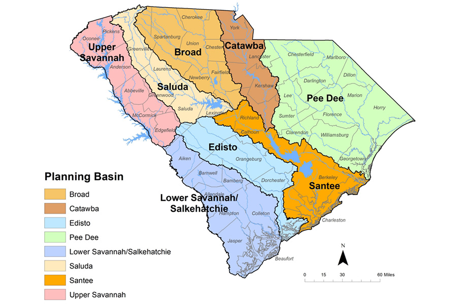 map of the 8 major river basins in SC