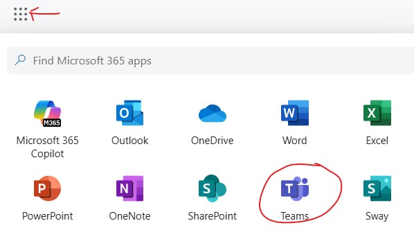 Screenshot of Teams app launcher.