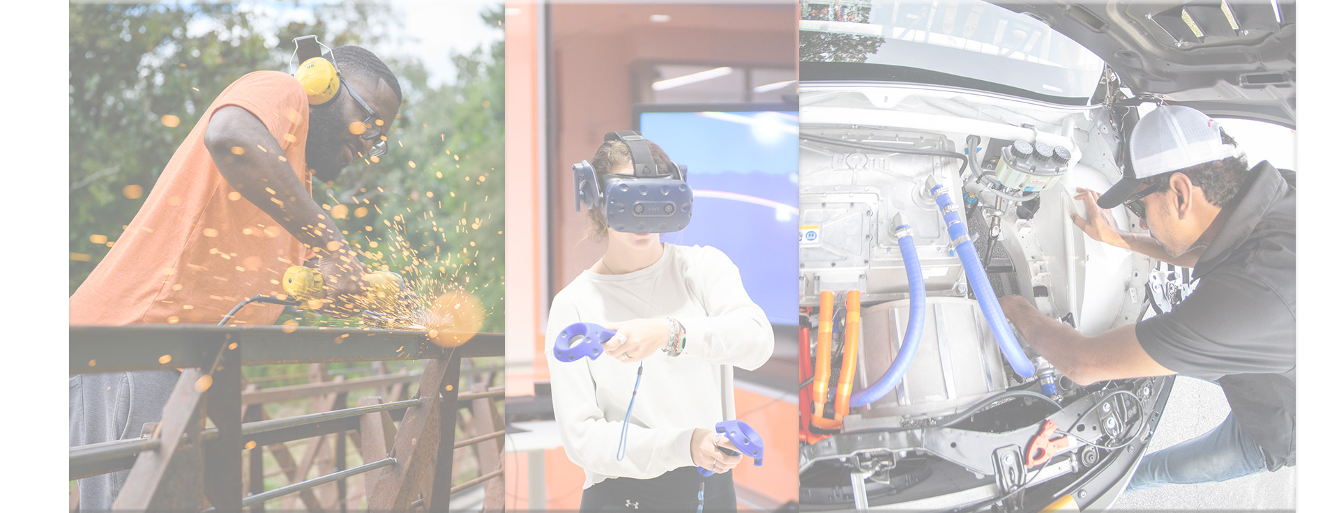 collage of images-center is a researcher working outdoors at clemson architecture center in charleston-on the left is 2 researchers with a robotic drone on the field and on the right is a person working on car maintenance 