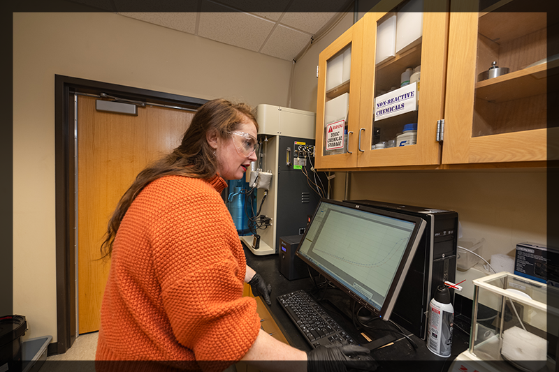 researcher on the computer in the lab