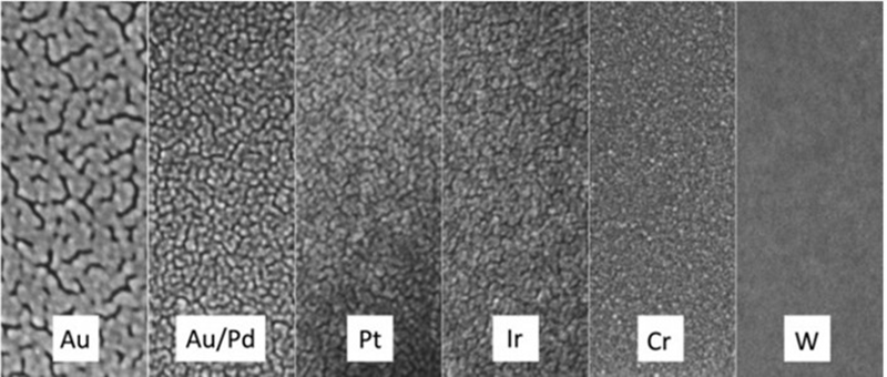 SEM images sputtered 2nm thick on glass. Imaged at 10 keV. Image width 140 nm.