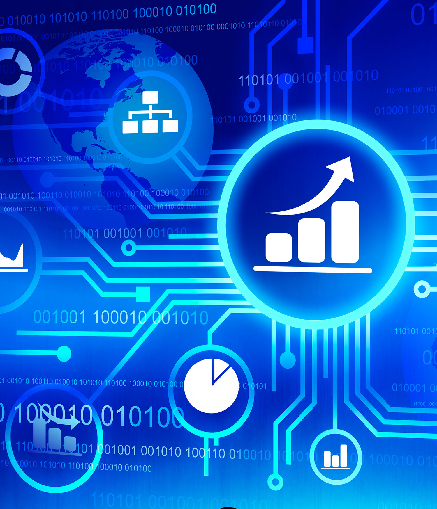 Decorative illustration of data with blue background and random charts and numbers.