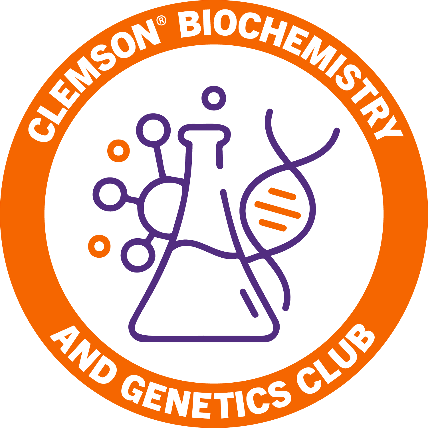 Logo for Clemson Biochemistry and Genetics Club, with text white in an orange circle. Inside the circle is art of a beaker, DNA strand and molecule, in purple.