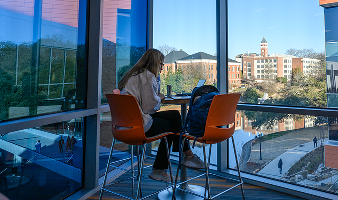 Student overlooking campus from the Powers College of Business