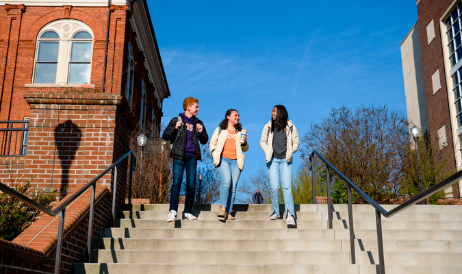 three college students walk down the steps between Hardin and Brackett Hall on Clemson's campus