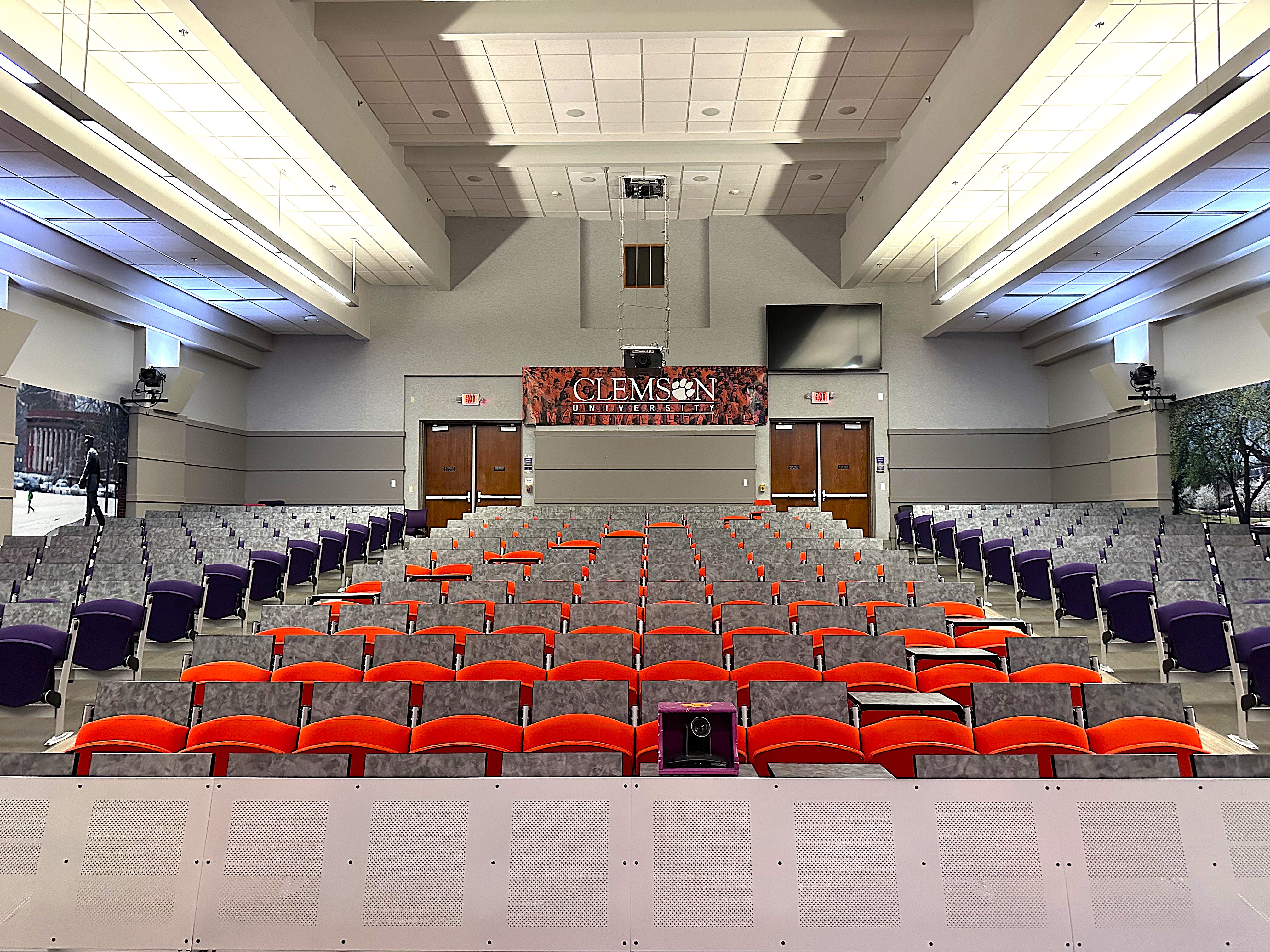 View of the Auditorium at Strom Thurmond Institute (STI 101) from the stage facing into the audience seating area. 