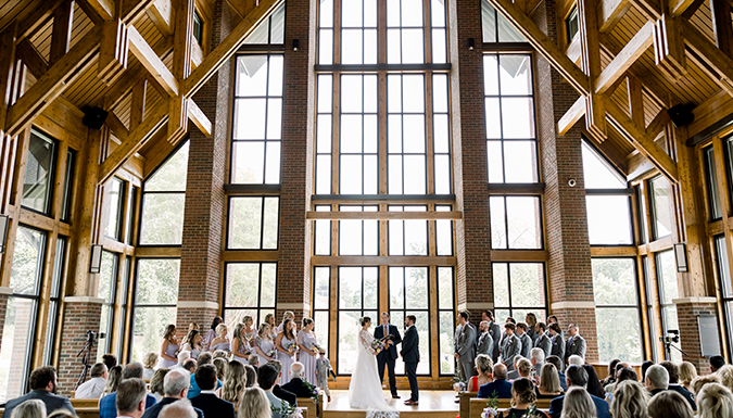 Interior view of the Samuel J. Cadden Chapel during a wedding ceremony.