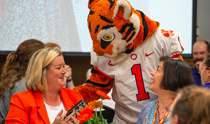 Clemson Tiger with a Staff at Division of Student Affairs Staff Meeting, 2024