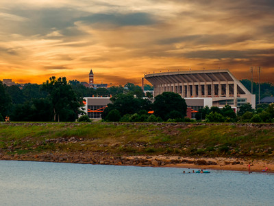 View of Clemson's campus at sunrise from across Lake Hartwell