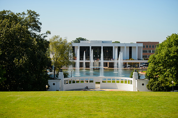 View of library fountains and library from behind the amphitheater