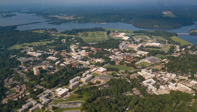 Aerial photo of Clemson University main campus, with Lake Hartwell in the background.