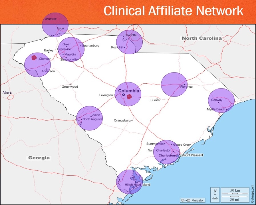 Map of South Carolina highlighting clinical affiliate hubs across the state.